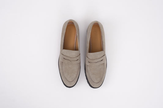 Large size womens taupe suede chunky loafer in sizes 8-12 standard and wide fit