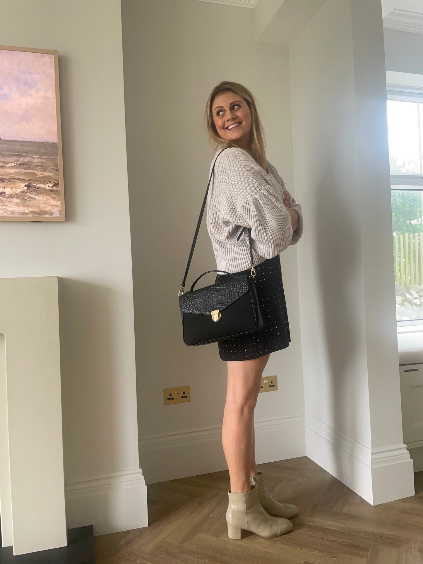 Image of tall woman modelling Taupe Izzy Boots. Available in UK larger sizes 8-12