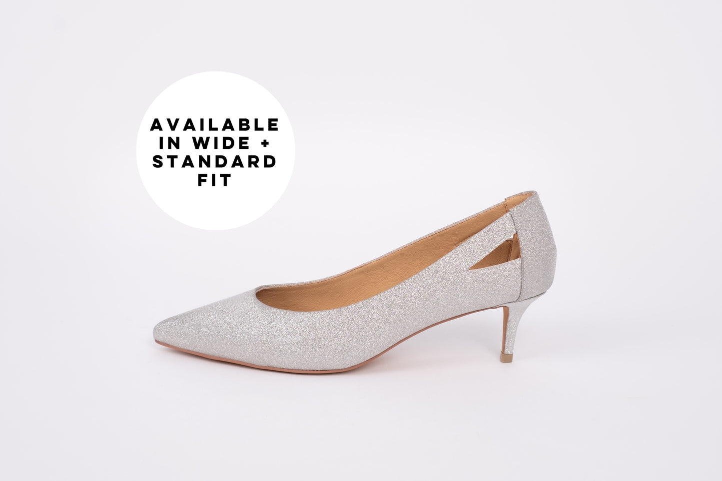 Side profile of Florence Kitten heel in Silver Sparkle. Available in womens sizes 8-12