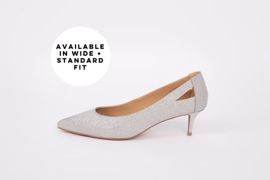 Side profile of Florence Kitten heel in Silver Sparkle. Available in womens sizes 8-12