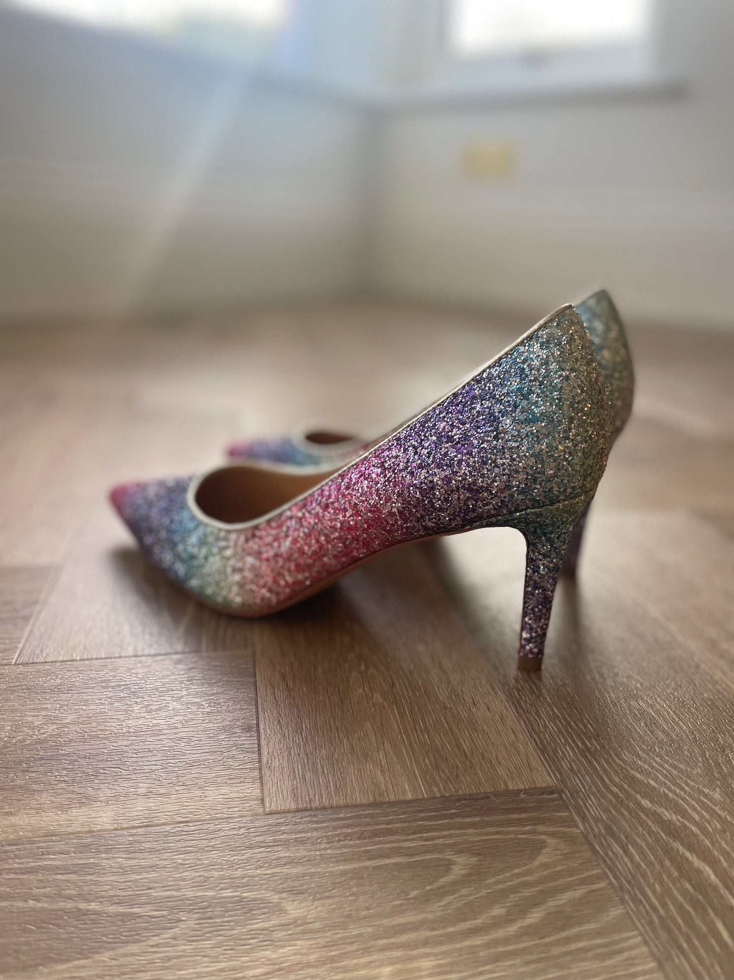 Real life shot of Emmie Courts, a beautiful glittery womens formal shoe in larger sizes UK 8-12
