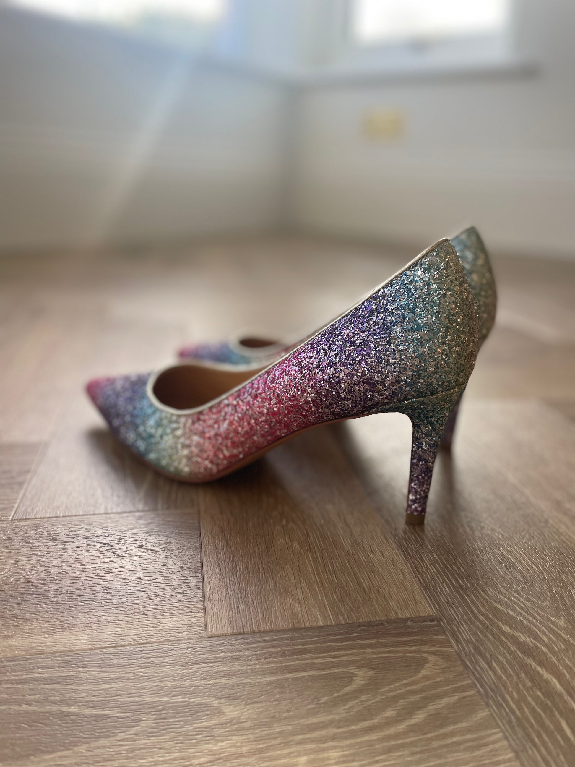 Real life shot of Emmie Courts, a beautiful glittery womens formal shoe in larger sizes UK 8-12