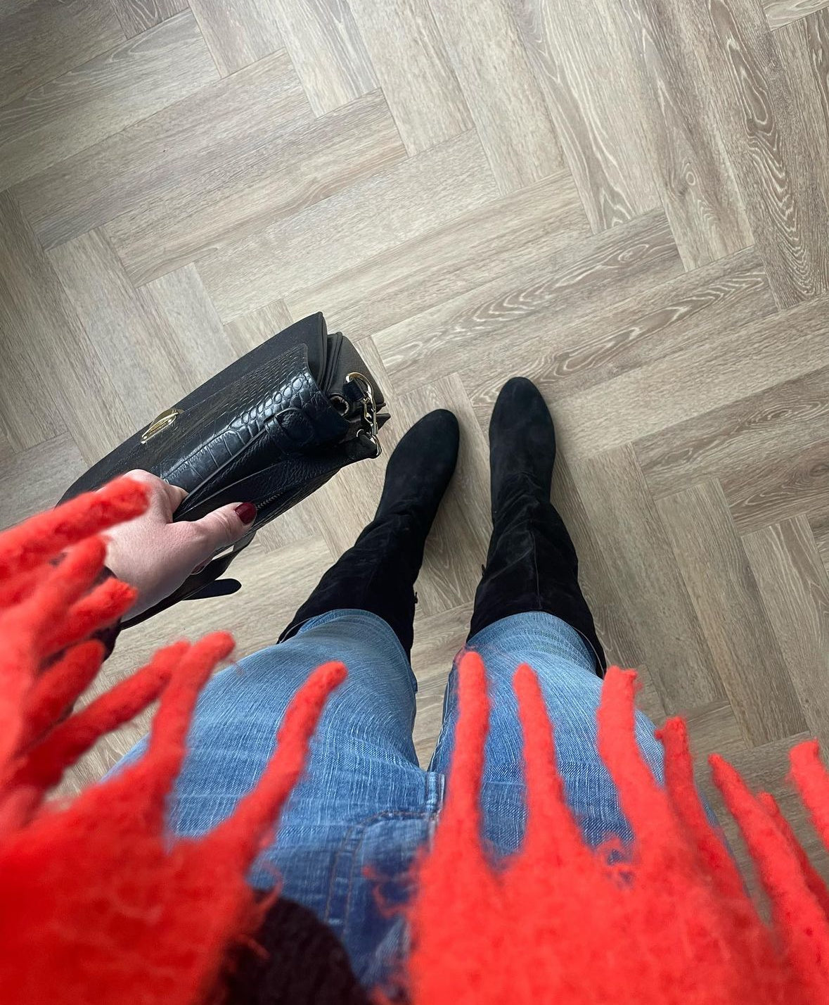 Birds Eye view of Evelyn boot and Matilda hand bag. Womens footwear available in larger sizes. UK 8-12