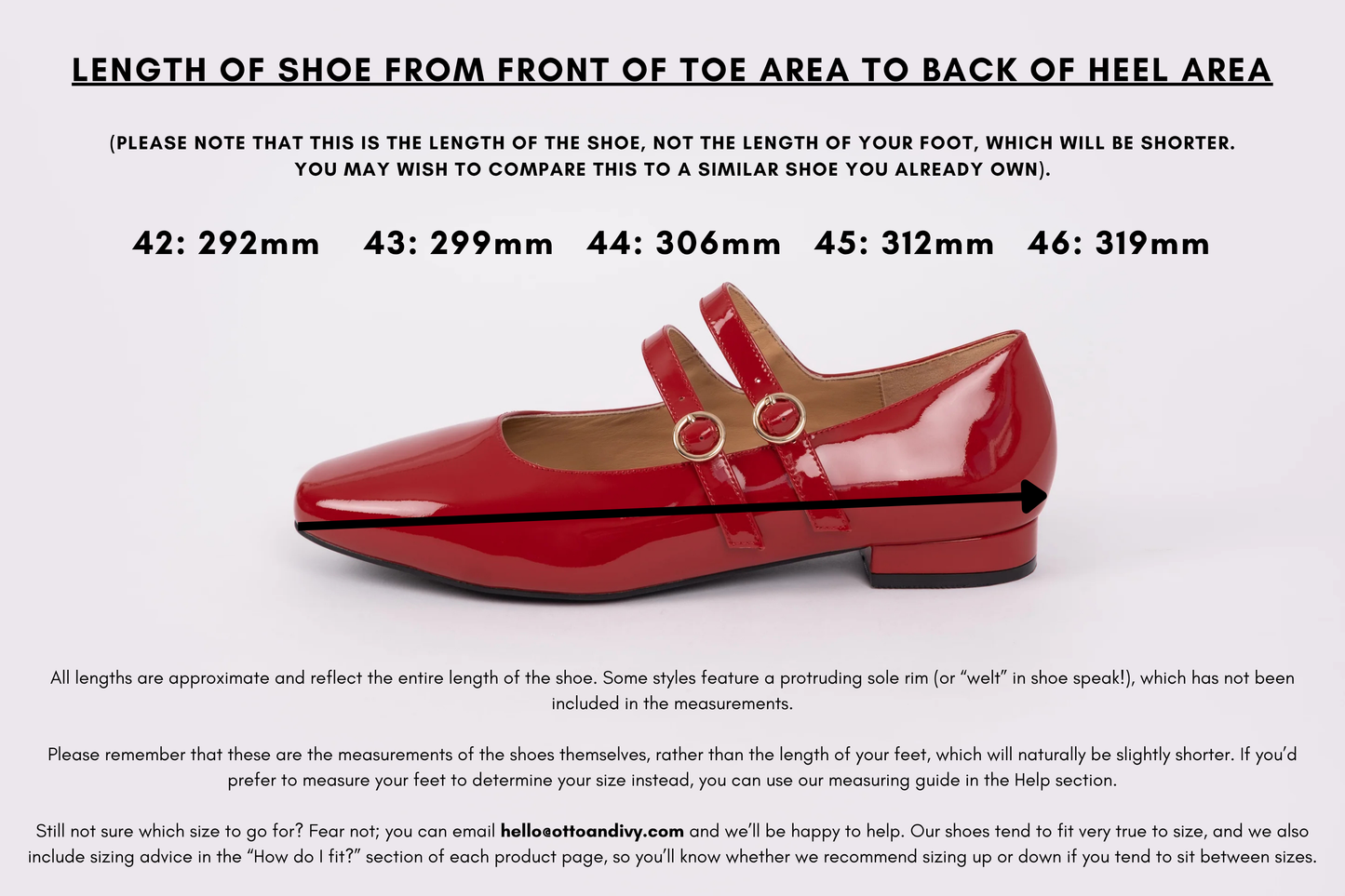 Measurement diagram displaying lengths of womens large size shoes in sizes 42,43,44,45 and 46.