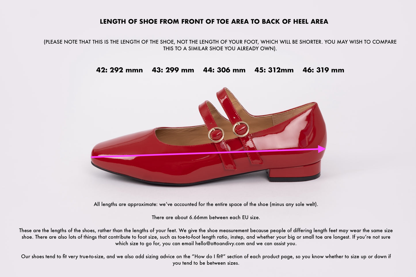 A length diagram of Jemima Flat, displaying measurements of sizes 42-46