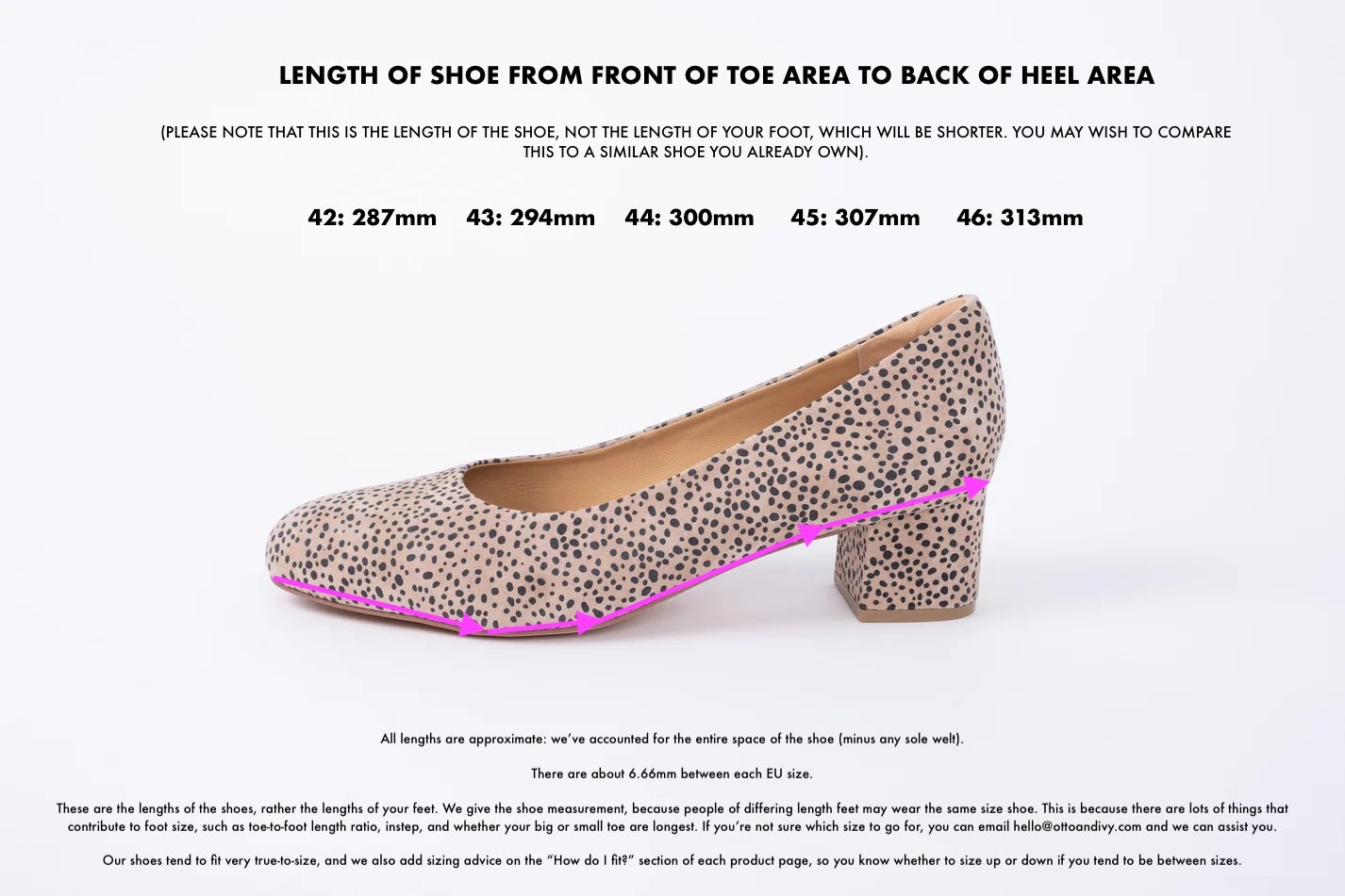 Length diagram of Lily courts displaying measurements of sizes 42-46.