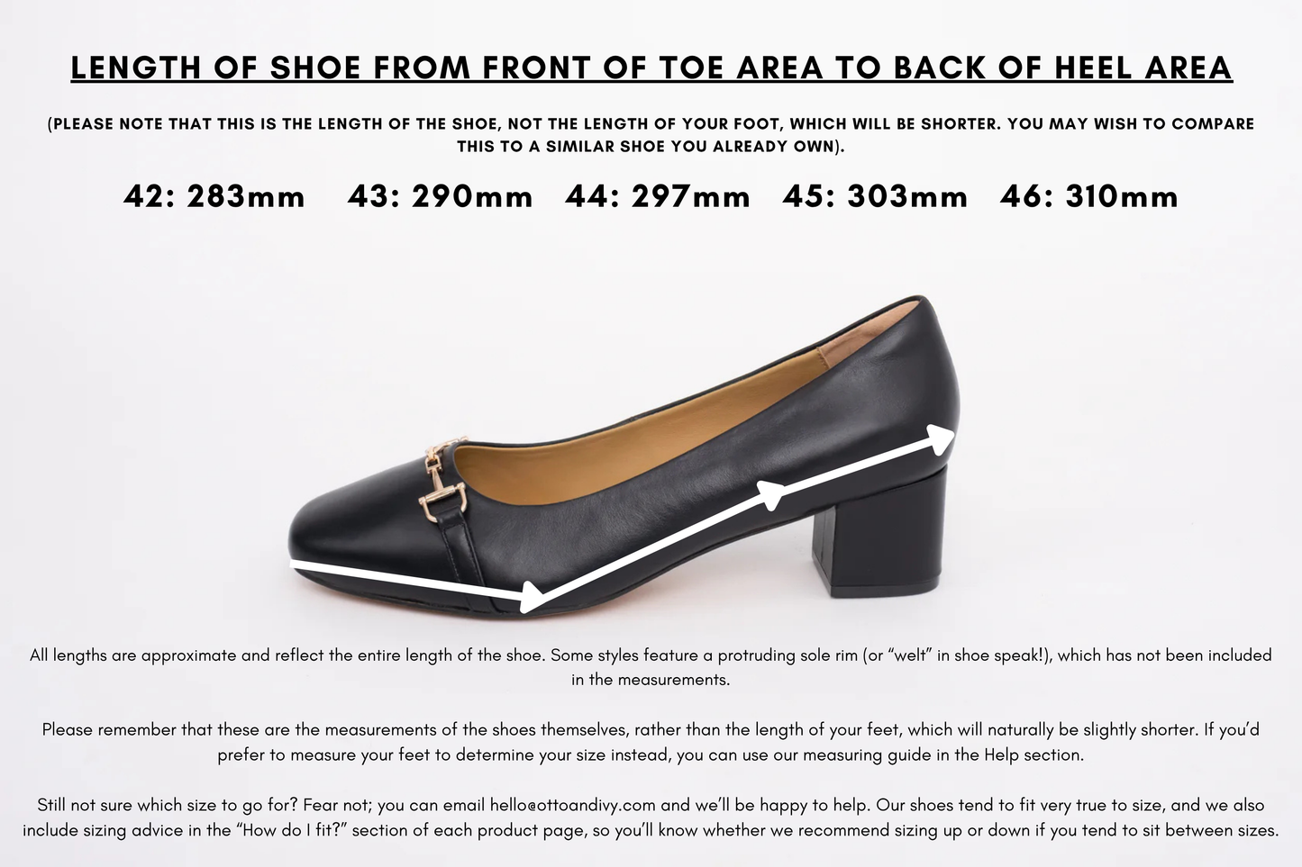 Measurement diagram displaying lengths of womens large size shoes in sizes 42,43,44,45 and 46.