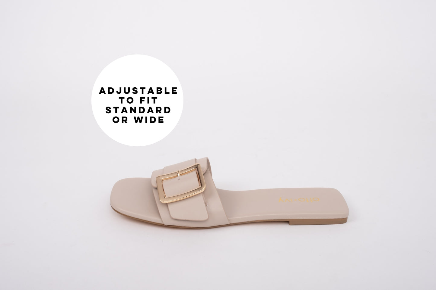 Side profile of womens adjustable slip on sandal in Stone, available in Uk sizes 8-12,