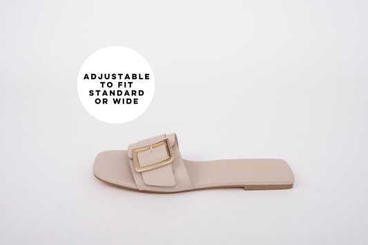Side profile of womens adjustable slip on sandal in Stone, available in Uk sizes 8-12,
