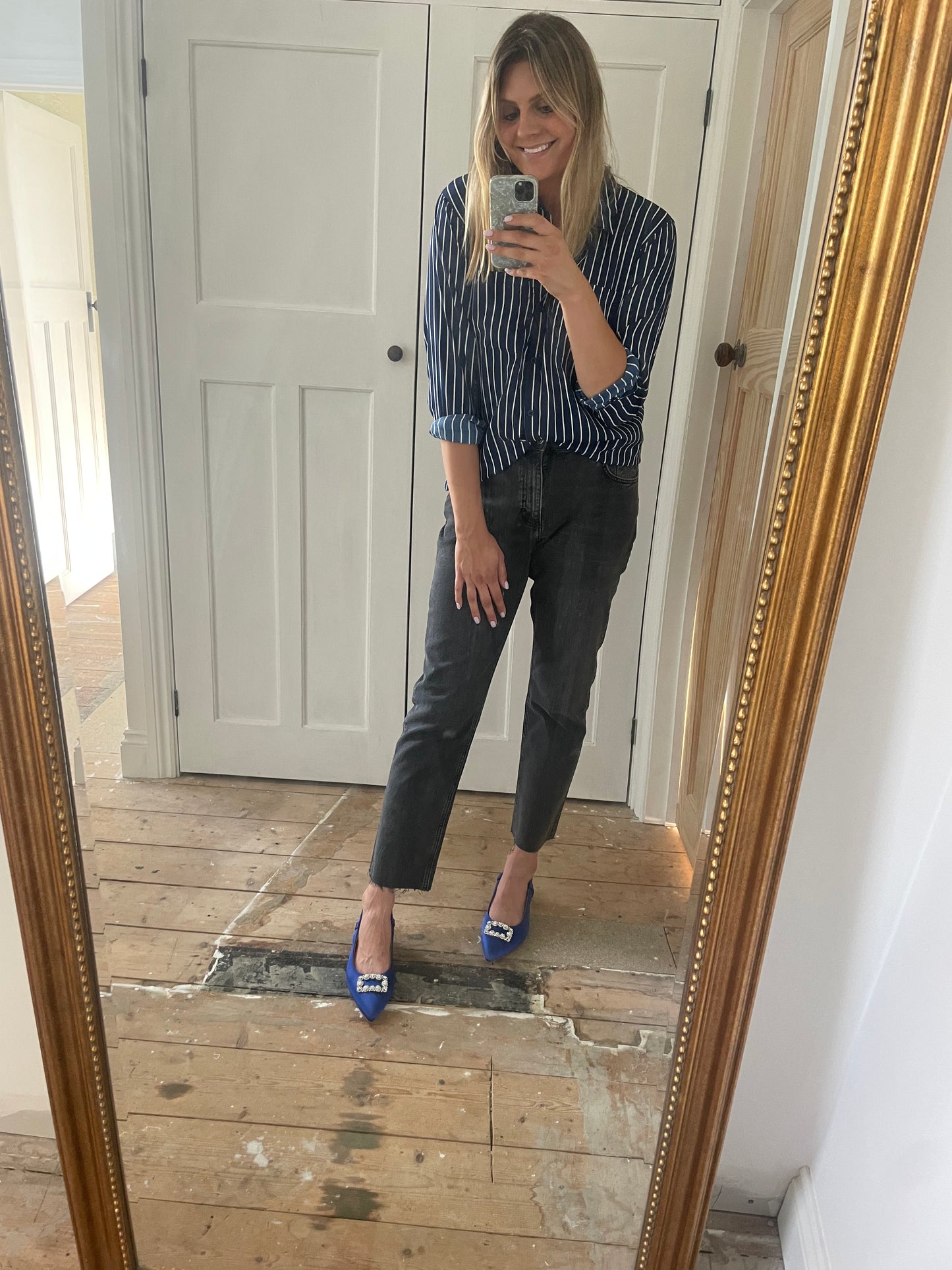 Tall women modelling Aceia Slingbacks in blue. Available in UK sizes 8-12