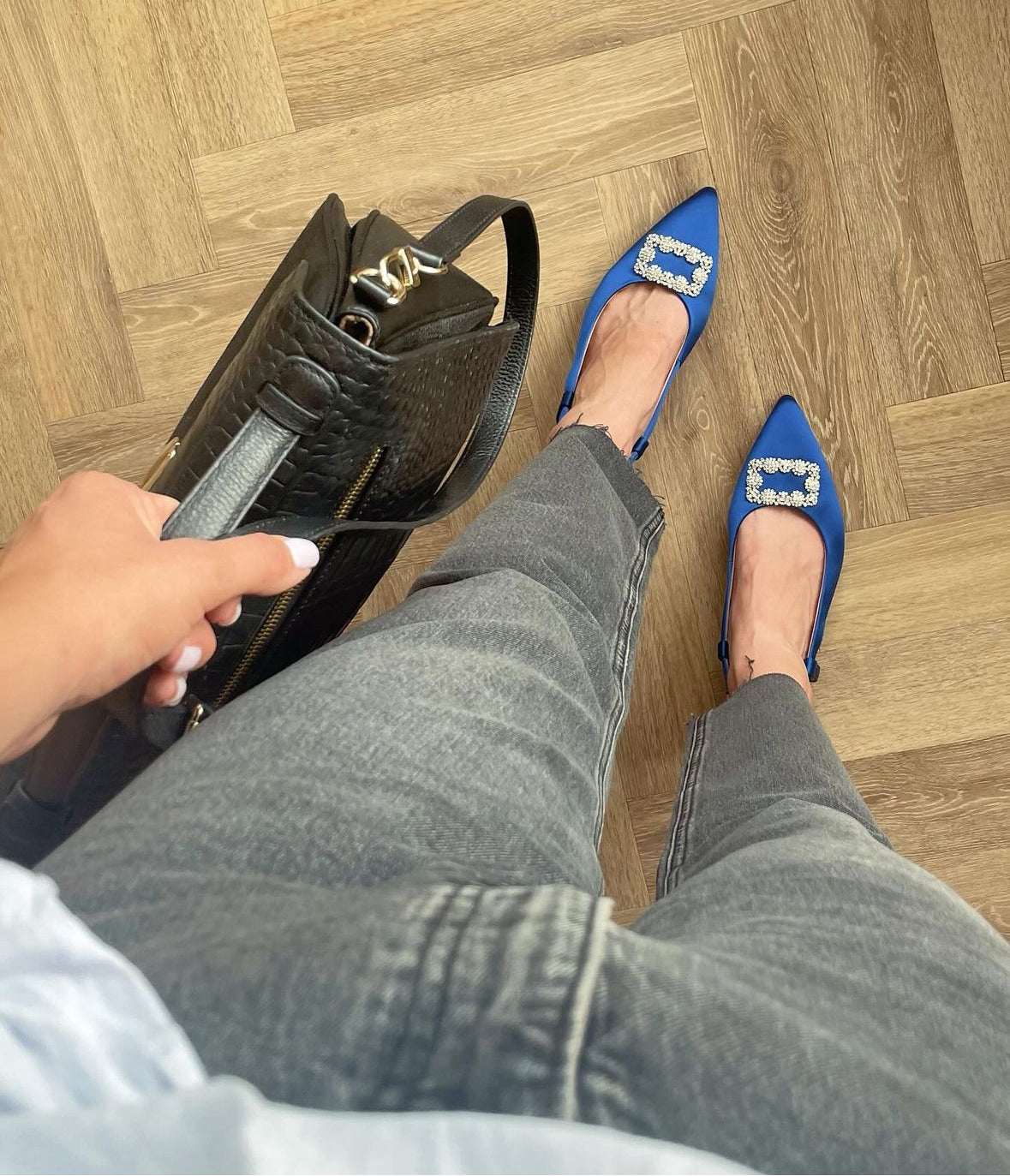 Aerial view of Aceia slingback in blue. Featuring Matila handbag. Womens footwear available in UK sizes 8-12