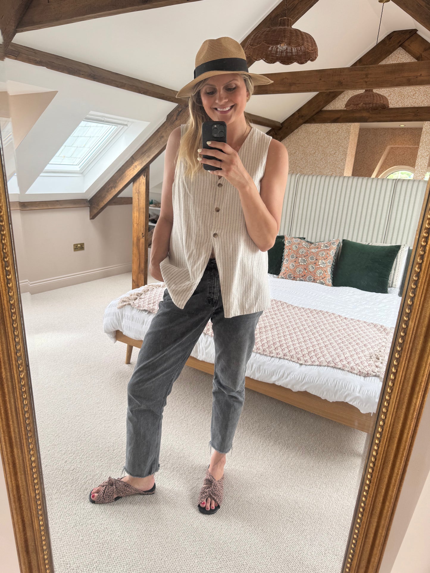 Tall womena wearing blush cheetah size 43 sandals