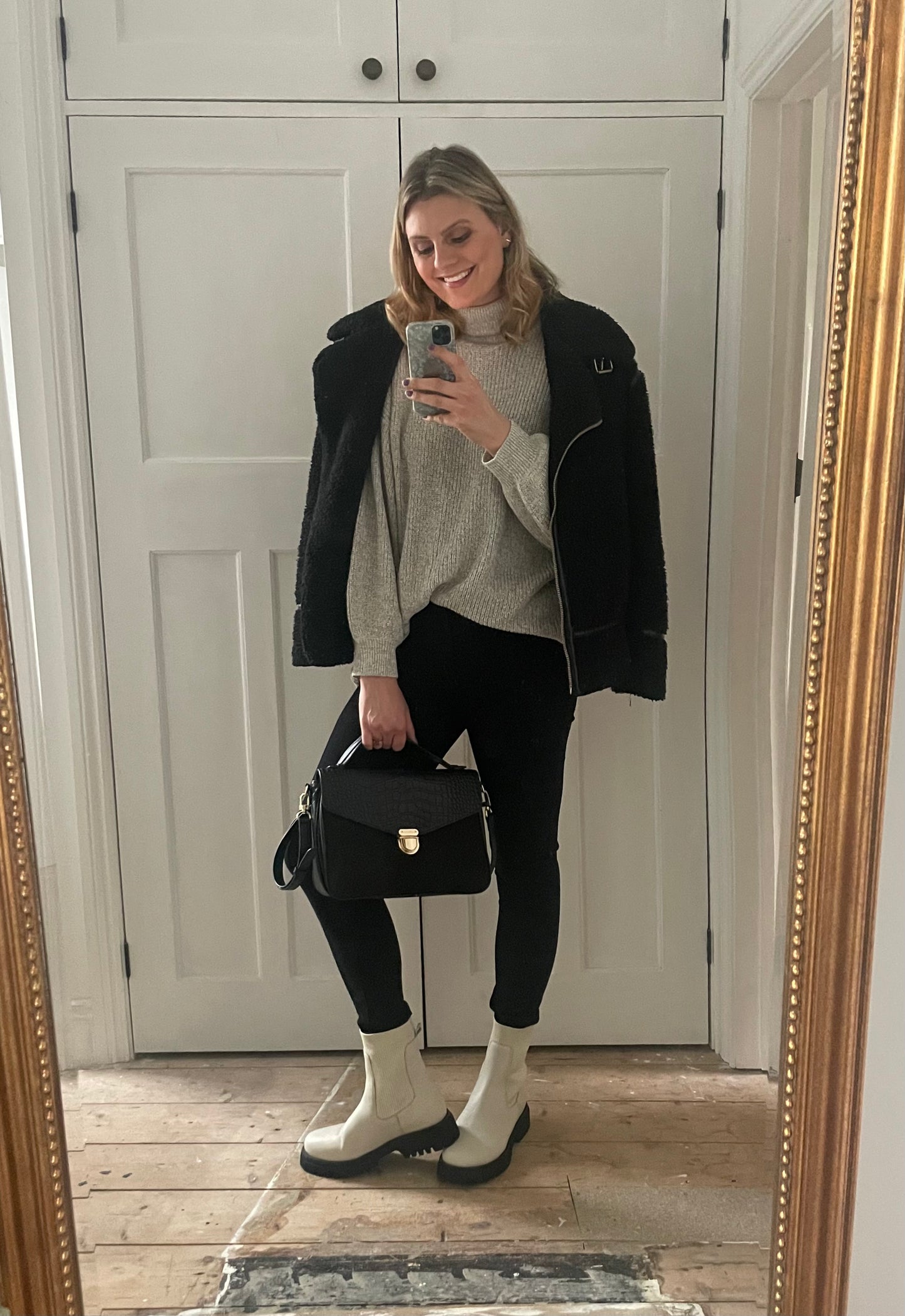 Woman modelling Cream Chelsea boot, Marnie. Available in Larger UK sizes 8-12