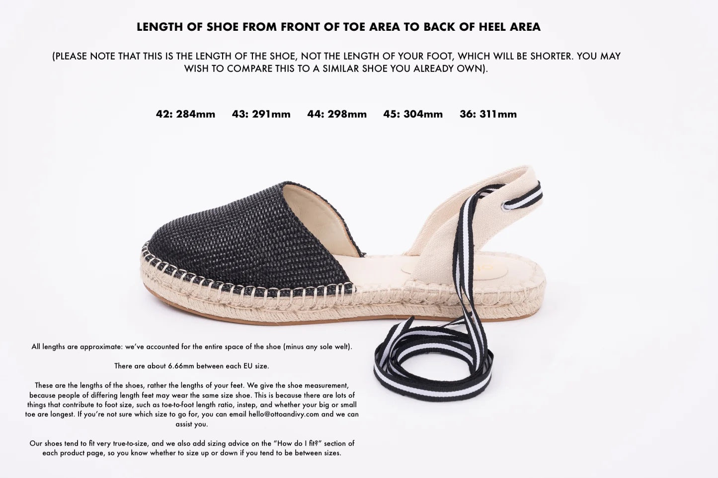 Length diagram displaying measureents of womens shoes in sizes 42 43 44 45 46