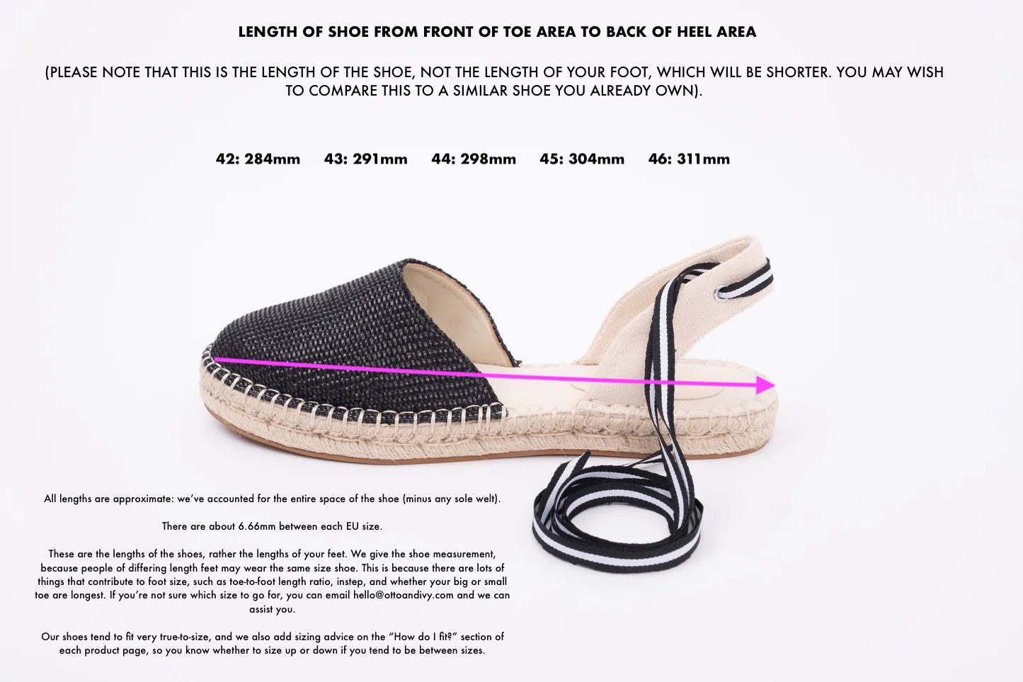 length diagram displaying measurements of womens espadrille in larger sizes 8 9 10 11 12