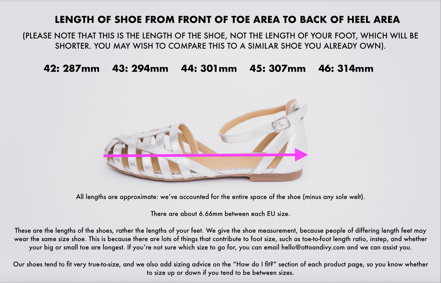 Length diagram displaying measurements of the Silver Daisy sandal. In sizes 42-46