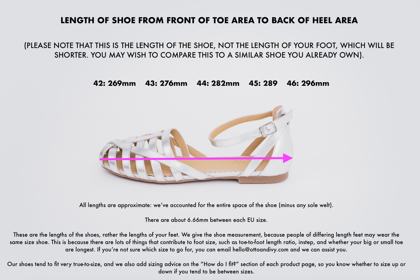 Length diagram displaying measurements of Daisy Sandal in sizes 42-46