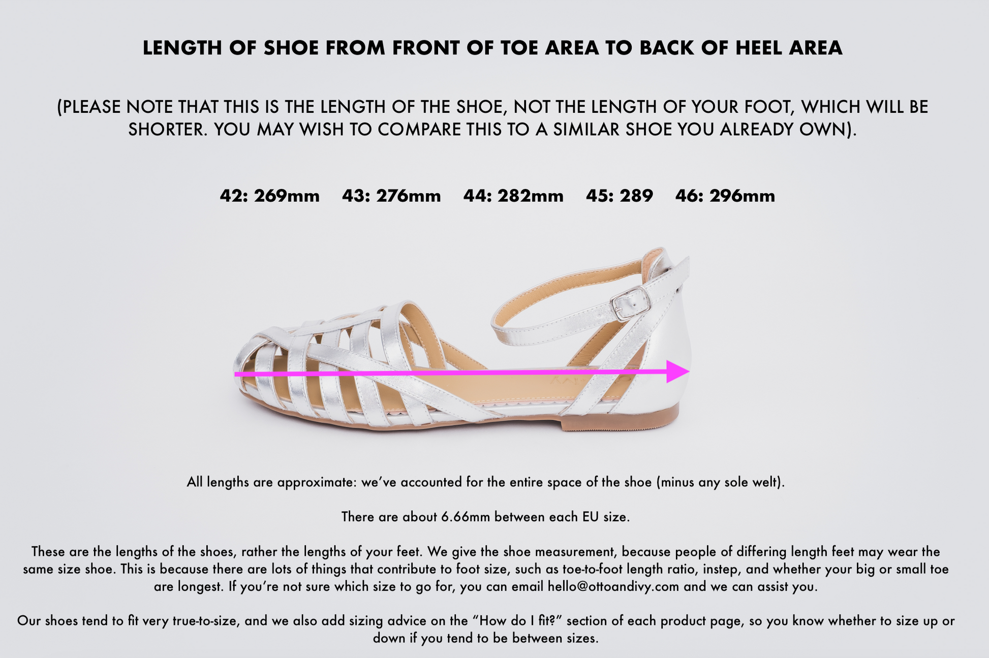 Length diagram displaying measurements of Daisy Sandal in sizes 42-46