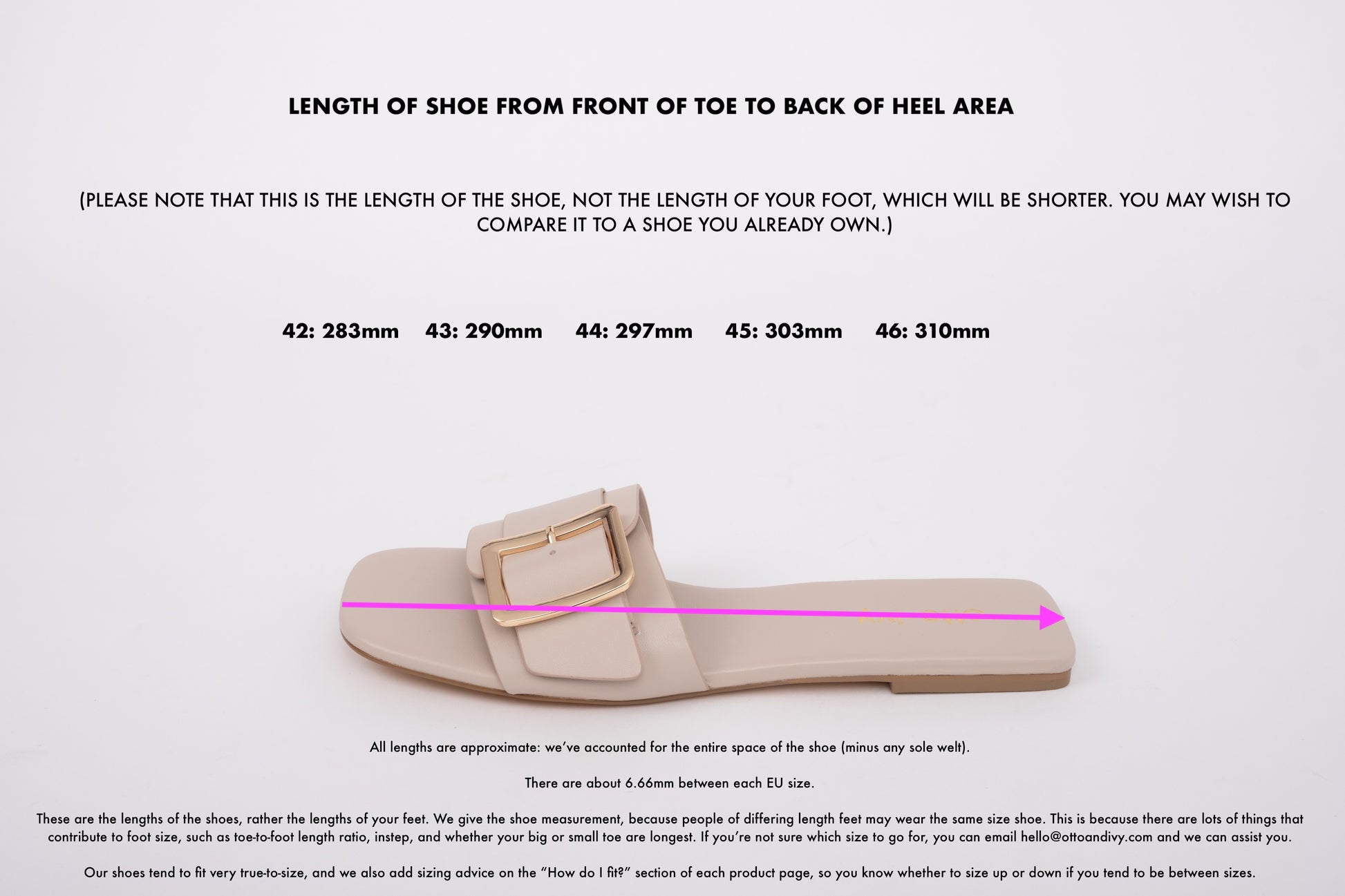 A length diagram of the Ruby sandals, showing the measurements for sizes 42-46