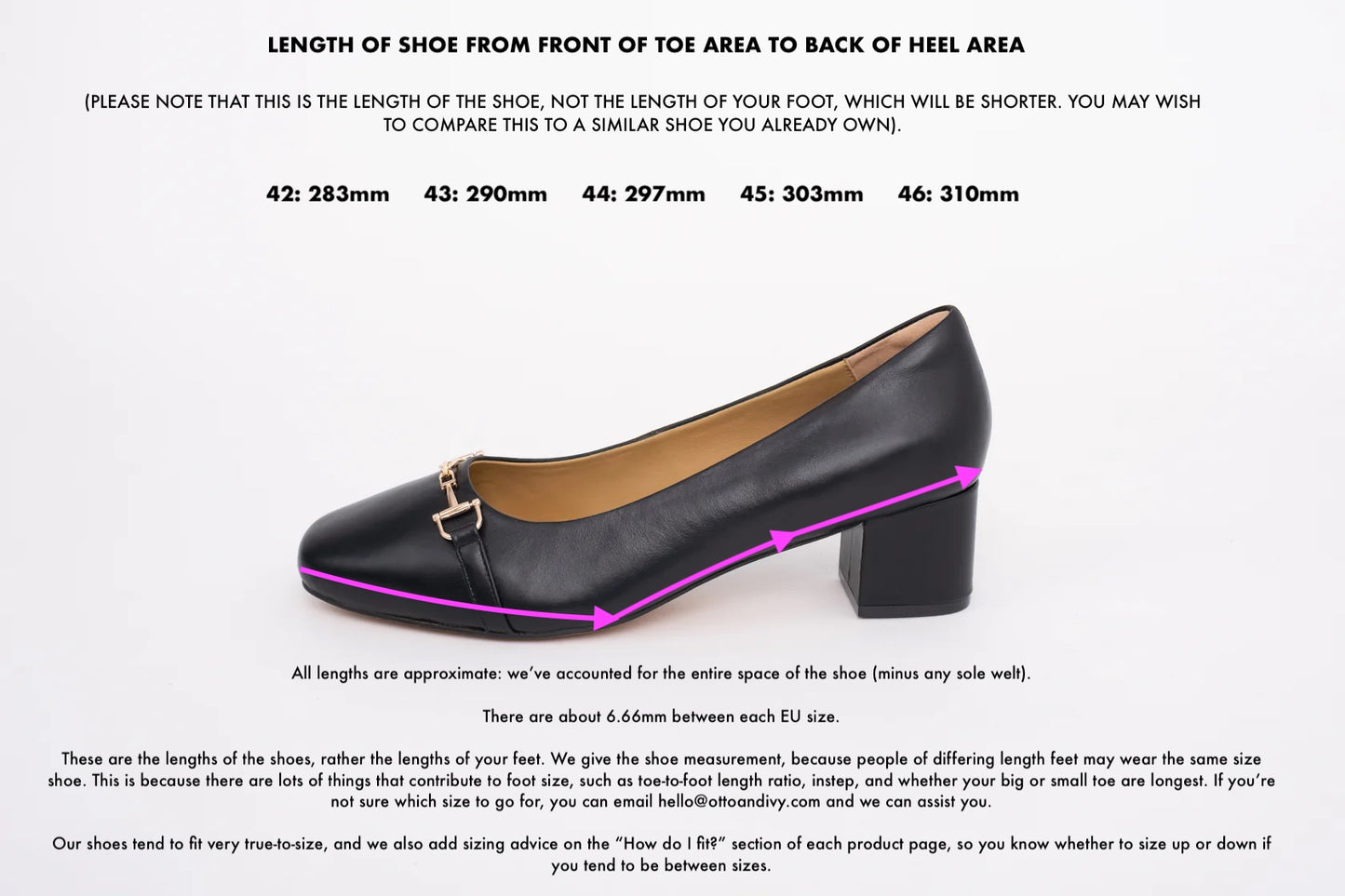 Measurement diagram displaying European sizes lengths of large womens shoes in size 42 43 44 45 46
