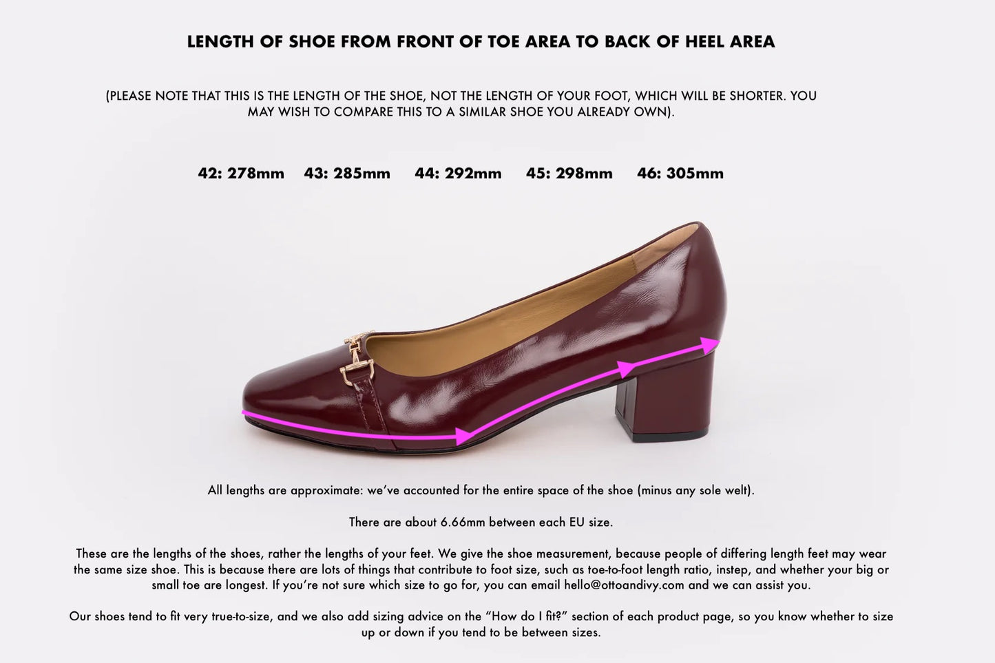 Length diagram of womens shoe displaying measure,ents of shoes in larger sizes