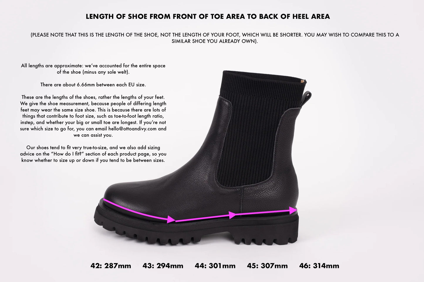Length diagram of Marnie boots displaying measurements of boot in sizes 42 - 46