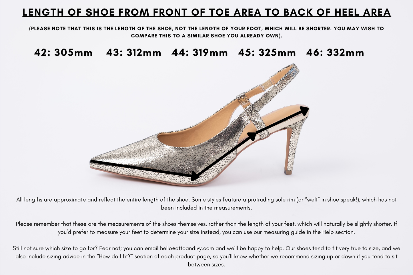 Measurement diagram displaying lengths of womens large size shoes in sizes 42,43,44,45 and 46.