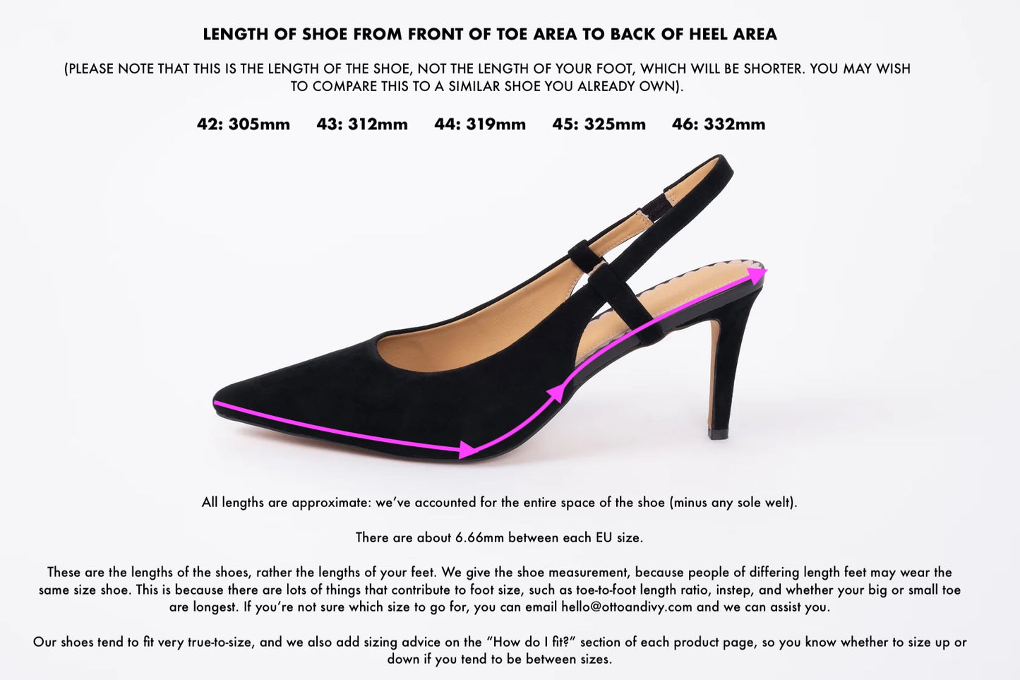 Measurement diagram displaying lengths of large sized womens shoes in size 42 43 44 45 46