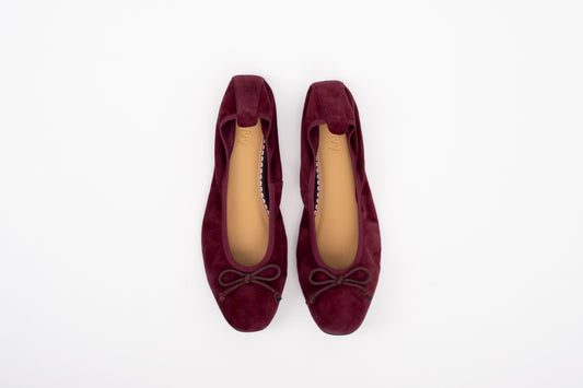 Arial shot of womens large sized burgundy purple red ballet flat shoe in sizes 42-46