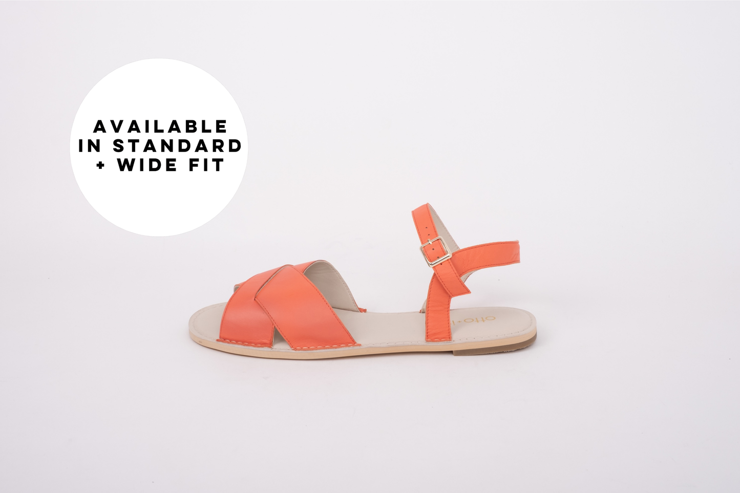 Side shot of wide fit coral orange leather womens large size sandal in sizes 42 43 44 45 46