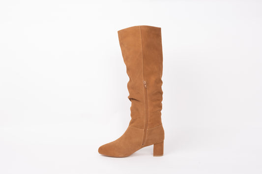 Opposite side profile displaying zip or Evelyn boot in Camel. Suede womens knee-high boot in larger European sizes 42-46
