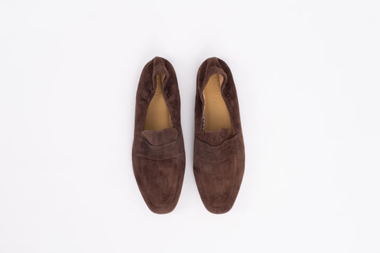 Front shot of womens brown suede loafer shoe in large sizes 8-12