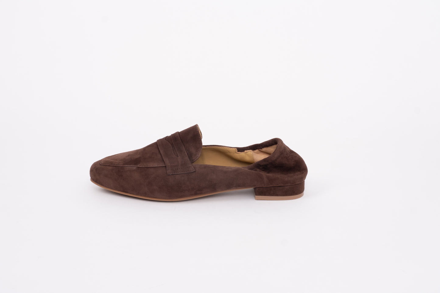 Side shot of womens chocolate brown suede loafer available in larger sizes 8-12