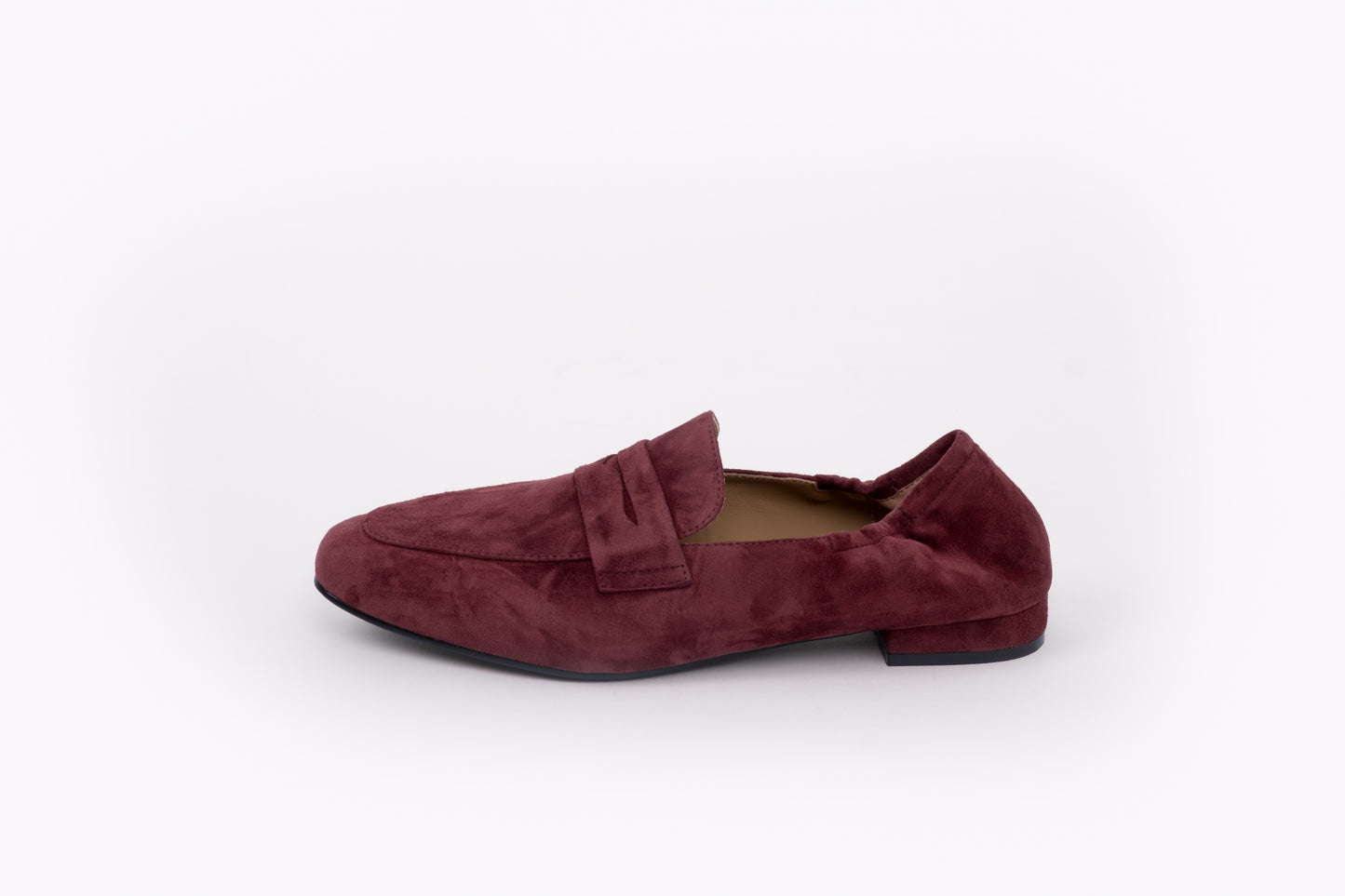 Side shot of womens burgundy flat loafer shoe in large sizes 42-46