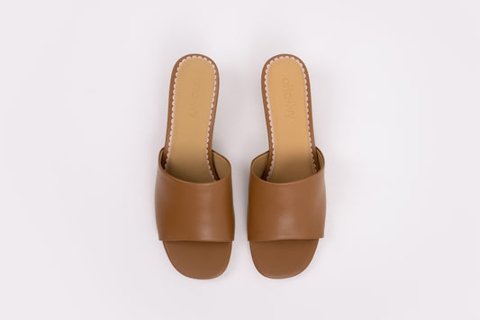 Aerial shot of tan leather heeled sandals in larger womens sizes 8-12