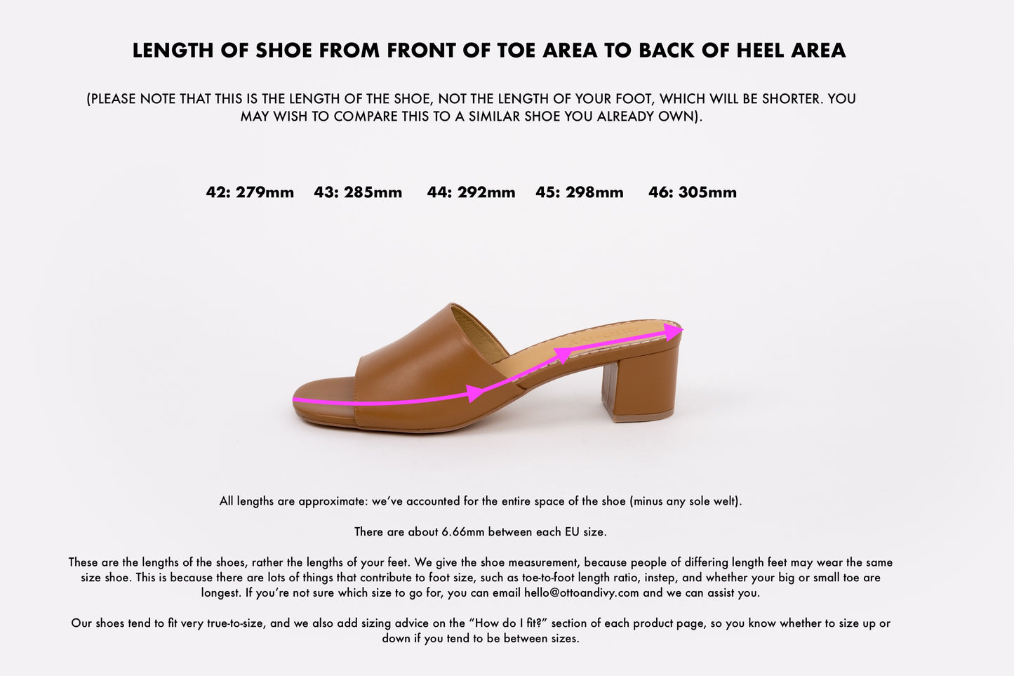 Womens Brown sandal with measurements showing shoe length chart for sizes 42 43 44 45 46