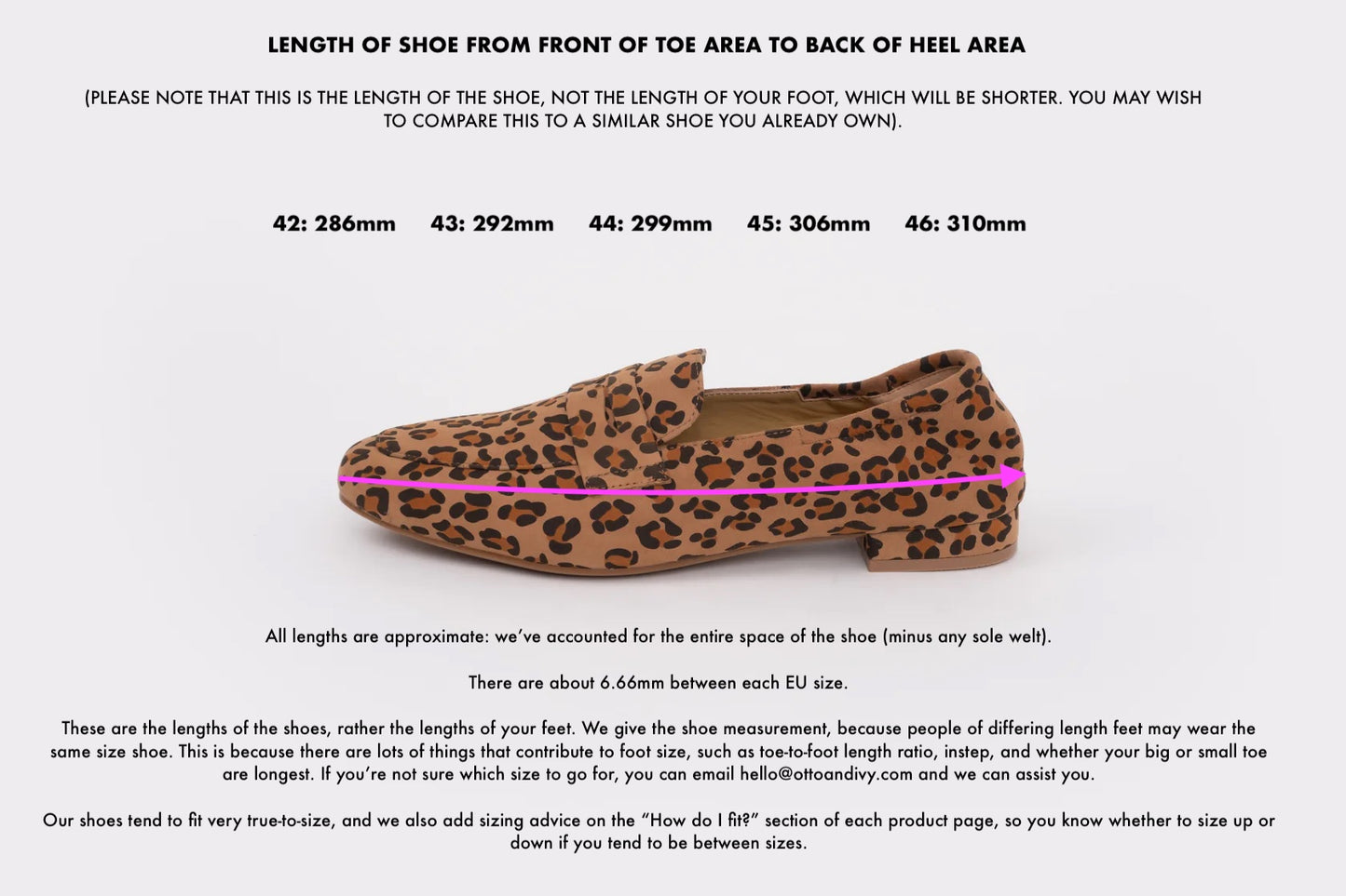 Measurement diagram displaying lengths of large sized womens shoes in size 42 43 44 45 46