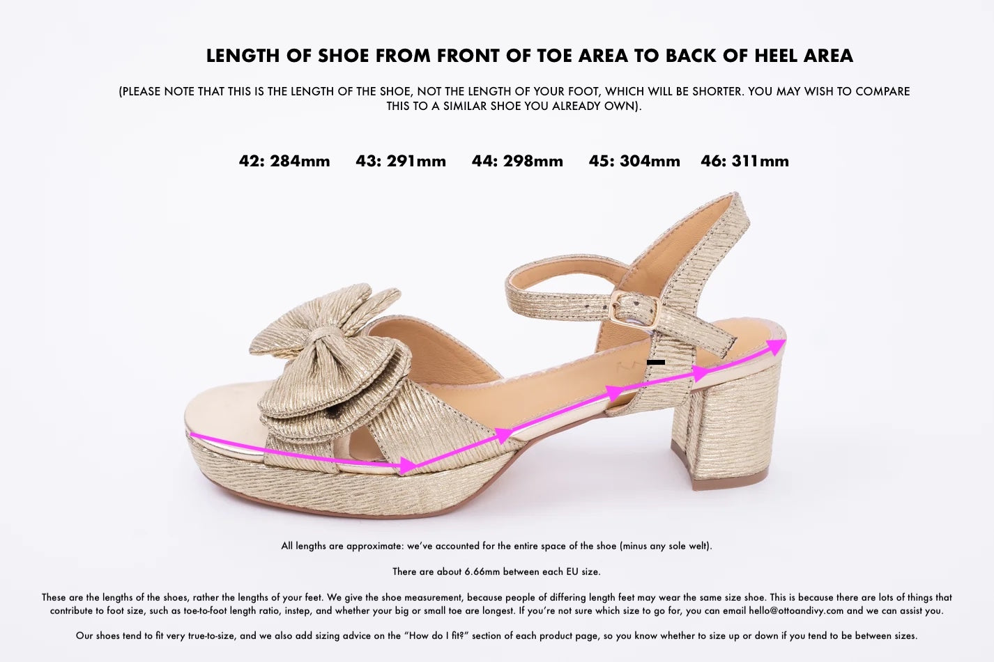 Length diagram of Rhian Sandal displaying measurements of sizes 42-46