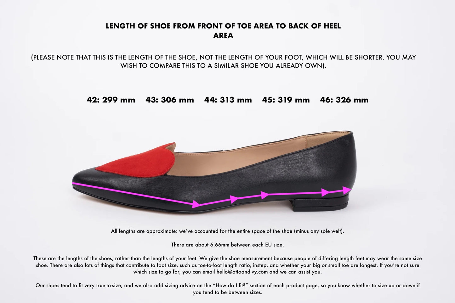 Length diagram of womens shoe Rosie displaying measurements of larger sizes 42-46