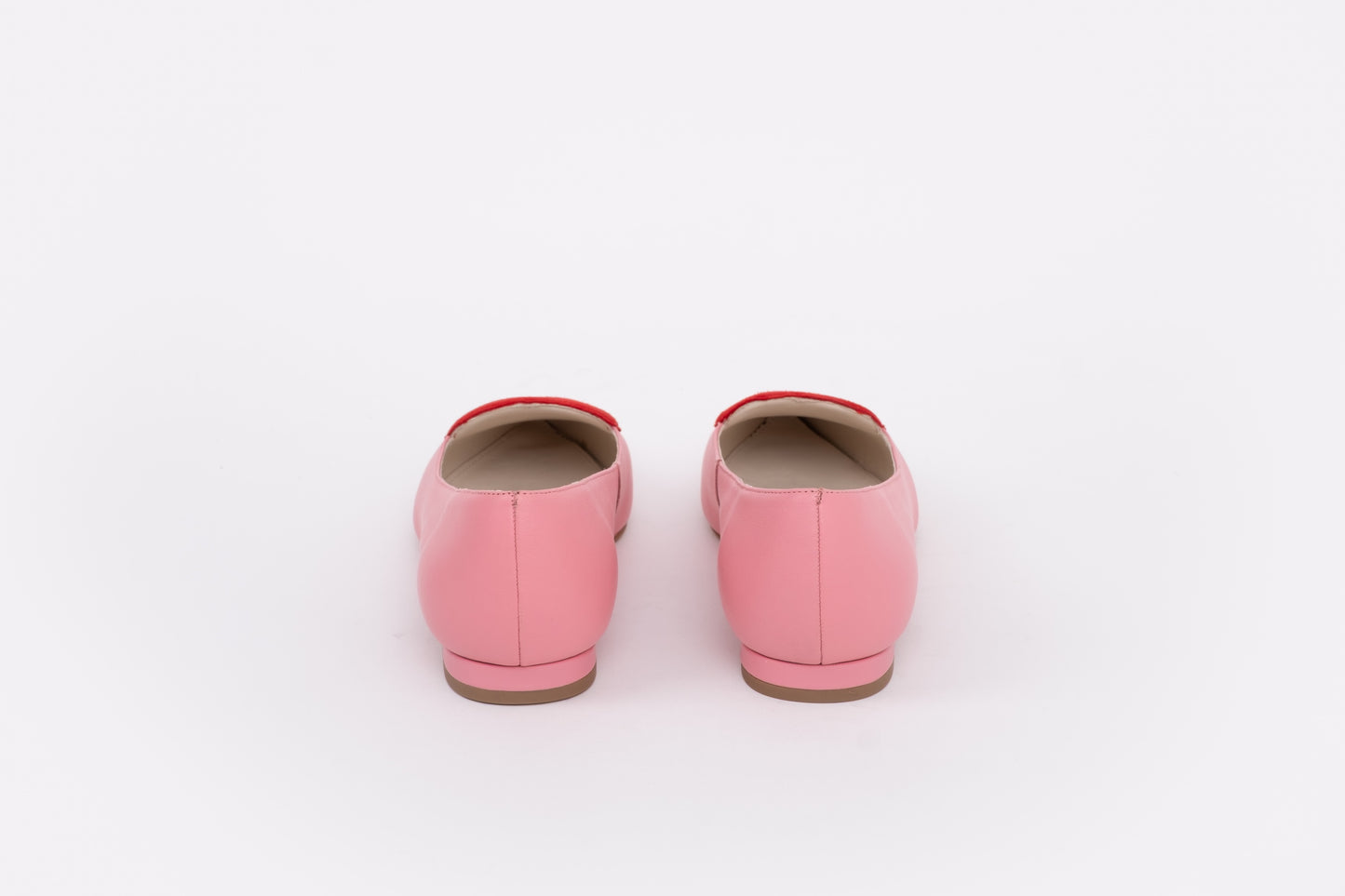 back shot of womens large sized pink and red heart flats available in larger UK sizes 8-12
