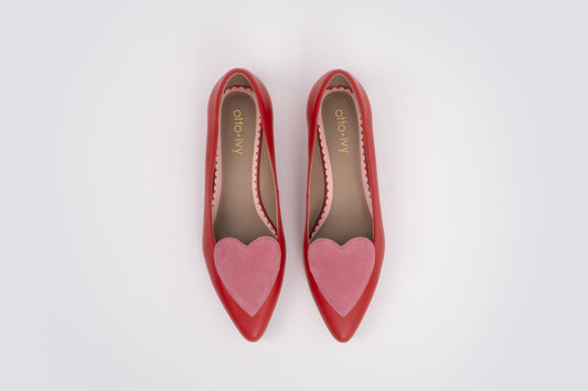 Aerial shot of large sized womens red pink flat shoe in UK sizes 8-12