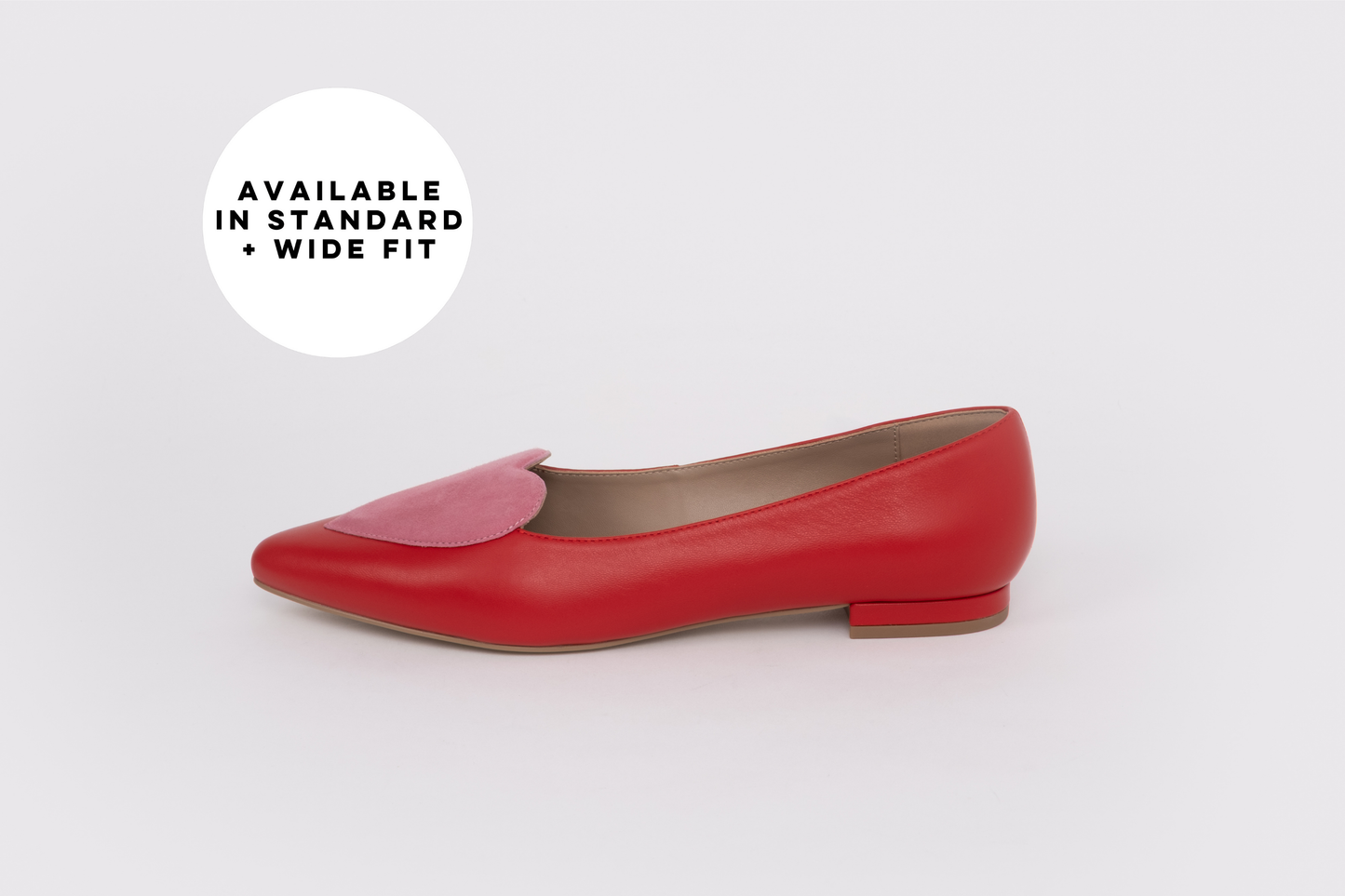 Red flat shoe with a pink heart on a white background large sized womens shoes in larger sizes 42-46