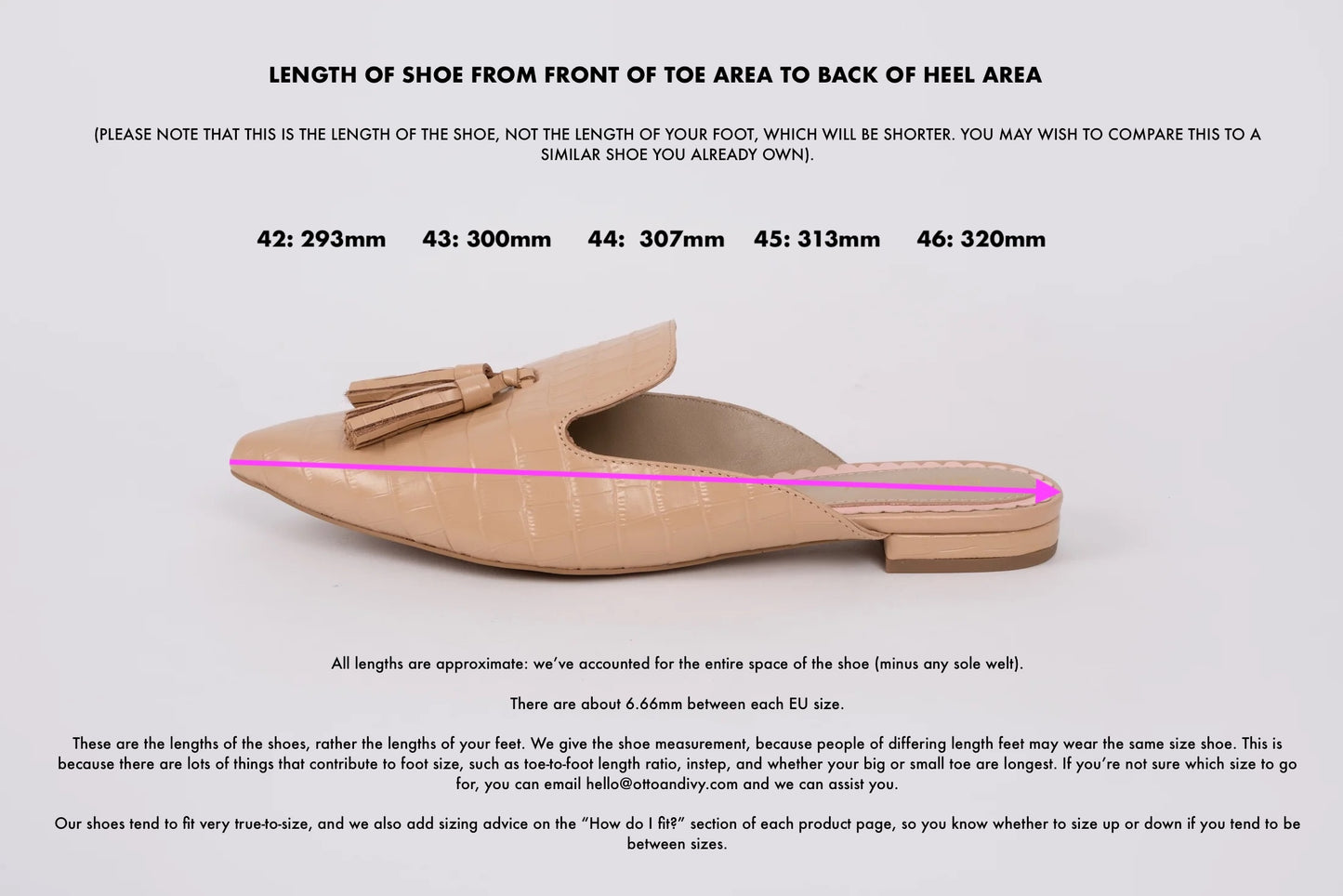 Length diagram of Sienna slider displaying measurements of sizes 42-46
