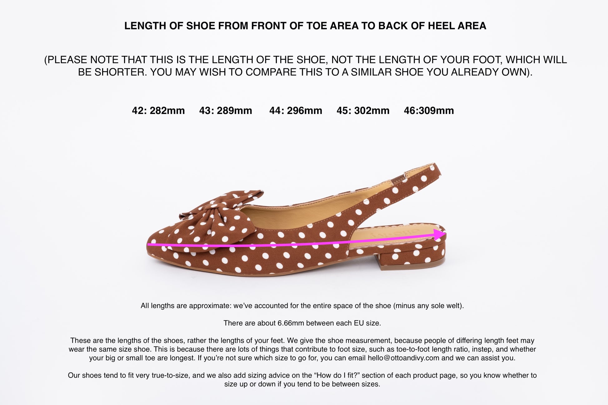 Length diagram of womens flat slingback shoe displaying lengths of sizes 42 43 45 46