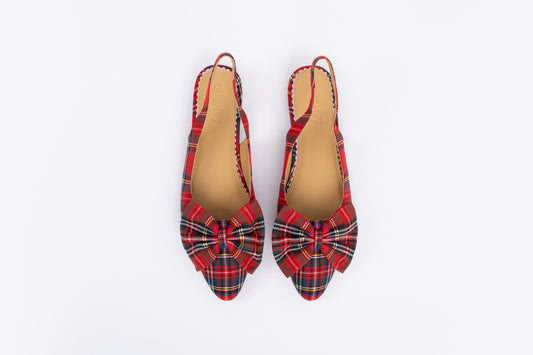 Aerial shot of womens large sized tartan bow slingback flat shoe in larger sizes 8-12