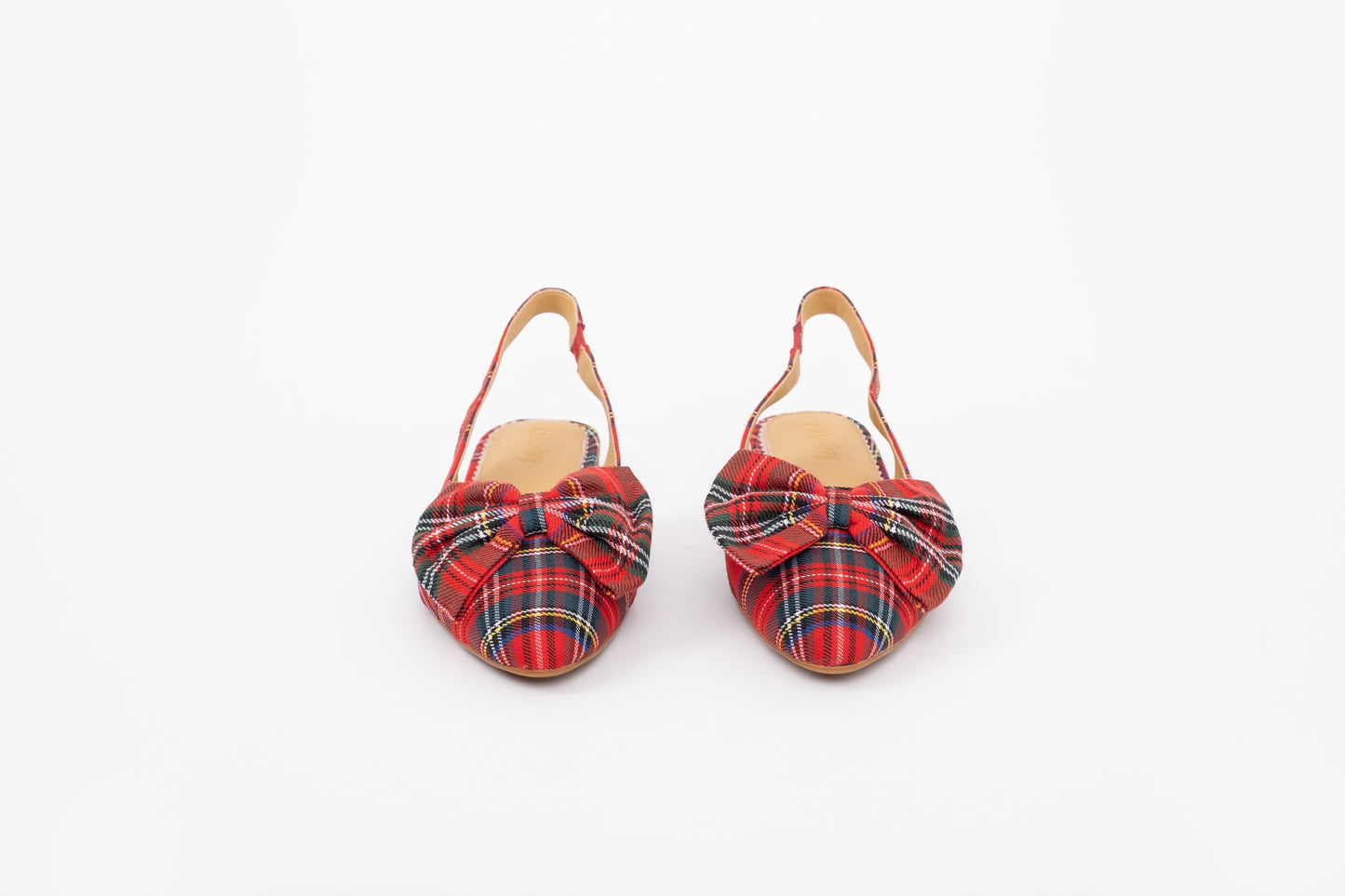 Front shot of tartan bow flat Sophia in larger sizes 8-12