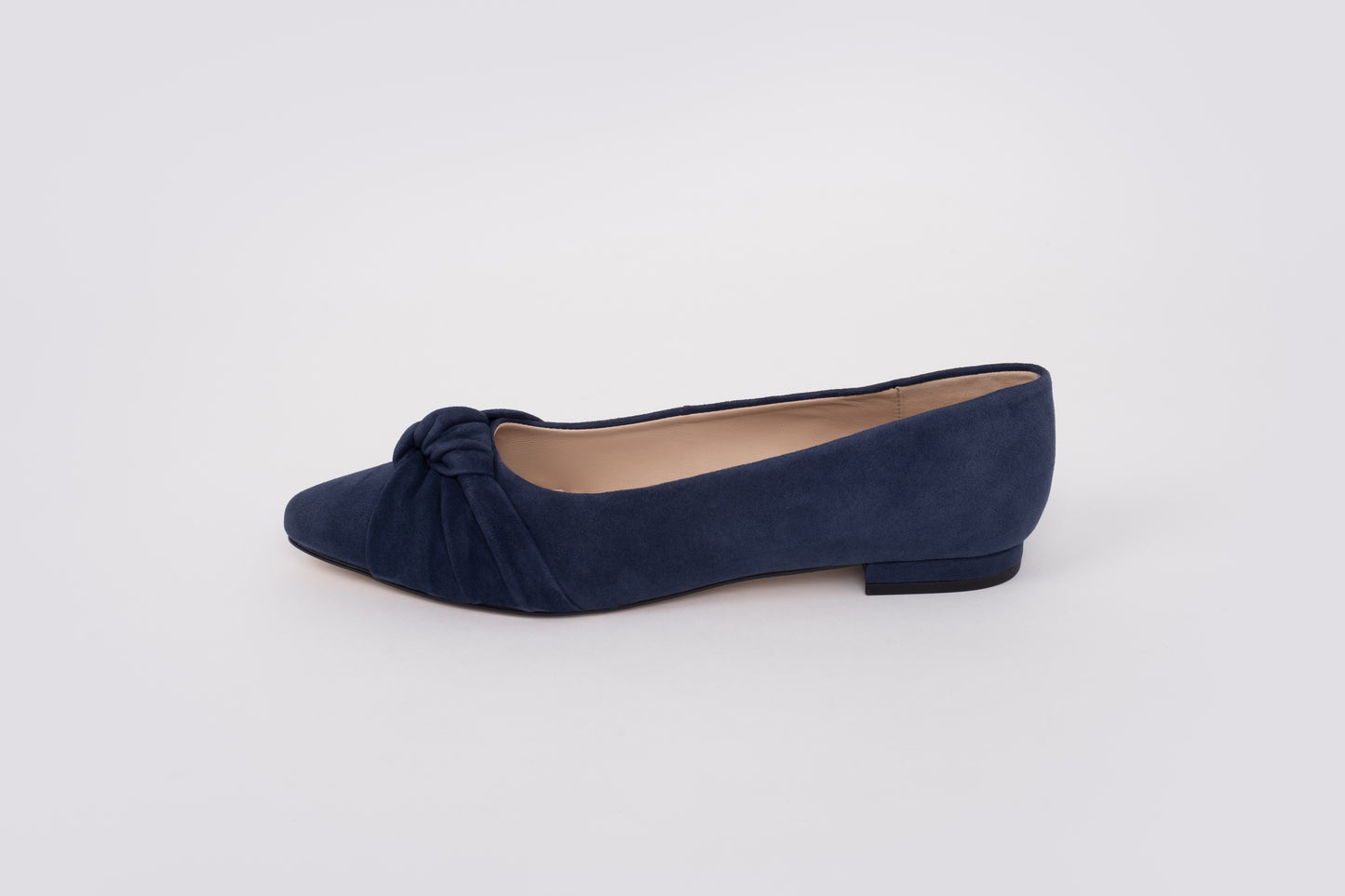 Side profile of the Fifi Flat in Navy Suede. Women's larger size shoes available in UK sizes 8-12