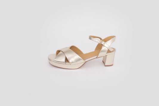 Side profile of Frankie Sandal in Gold, a womens block heel available in larger European sizes 42-46
