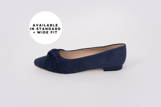 Side profile of Fifi Flat in Navy coloured Suede, in larger sizes 8-12. Available in standard and wide fit.