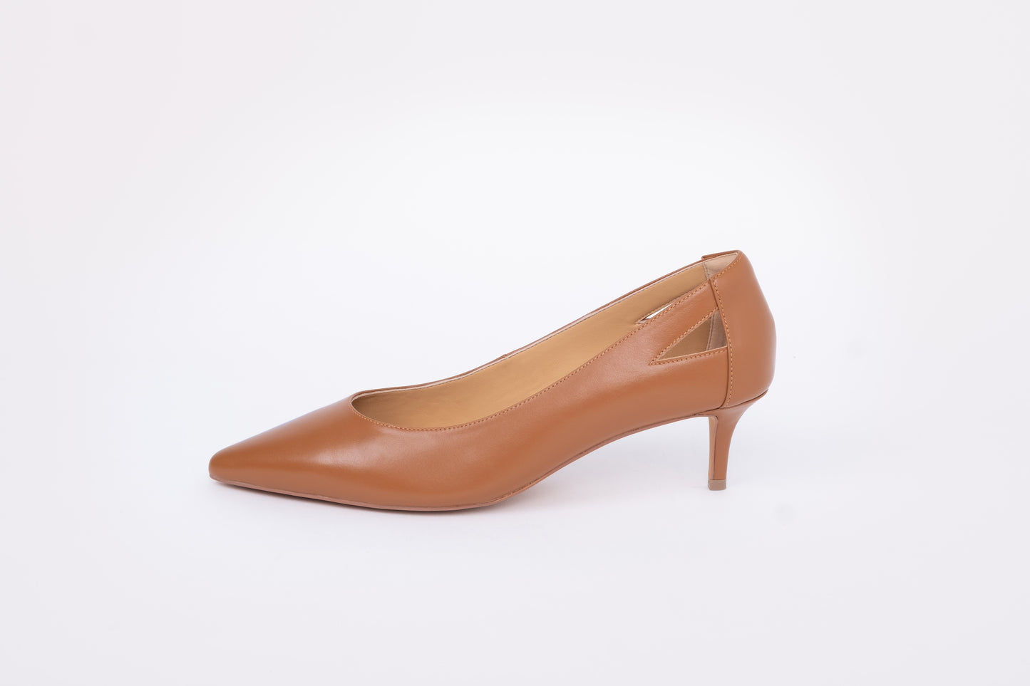 Side profile of womens tan kitten heel, Florence. Available in womens sizes 8-12